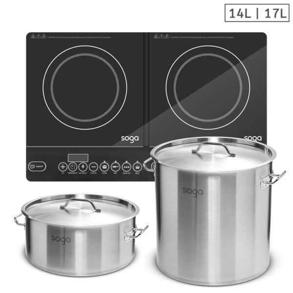 SOGA Dual Burners Cooktop Stove, 14L and 17L Stainless Steel Stockpot Top Grade Stock Pot, Home & Living, Kitchen & Dining, Cookware, Induction Cookware, ,  - AU DEPOT 1