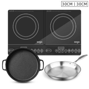 SOGA Dual Burners Cooktop Stove 30cm Cast Iron Frying Pan Skillet and 30cm Induction Fry Pan Induction Cookware ECooktDBL Sizzle30 FRY2865 AU DEPOT Induction Cookware - AU DEPOT