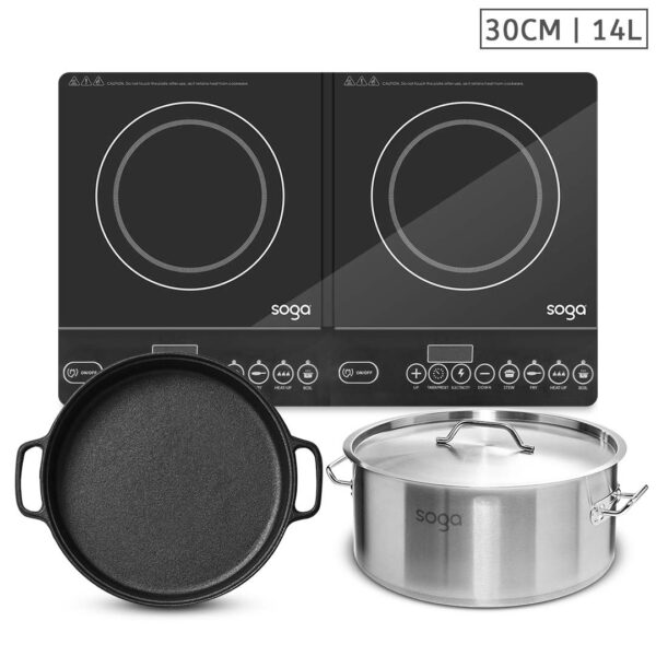 SOGA Dual Burners Cooktop Stove, 30cm Cast Iron Skillet and 14L Stainless Steel Stockpot, Home & Living, Kitchen & Dining, Cookware, Induction Cookware, ,  - AU DEPOT 1