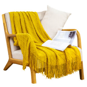 SOGA Yellow Diamond Pattern Knitted Throw Blanket Warm Cozy Woven Cover Couch Bed Sofa Home Decor with Tassels, Home, Bed Linen, Throws And Blankets, Blankets, ,  - AU DEPOT 1