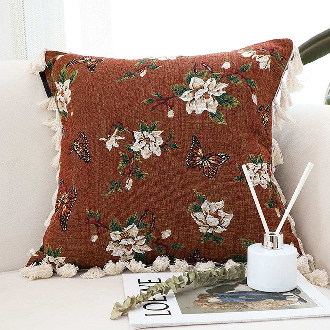 SOGA 45cm French Vintage Butterfly and Flower Tassel with Caramel Color Throw Pillow, Furniture, Living Room Furniture, Occasional Chairs, , ,  - AU DEPOT 2