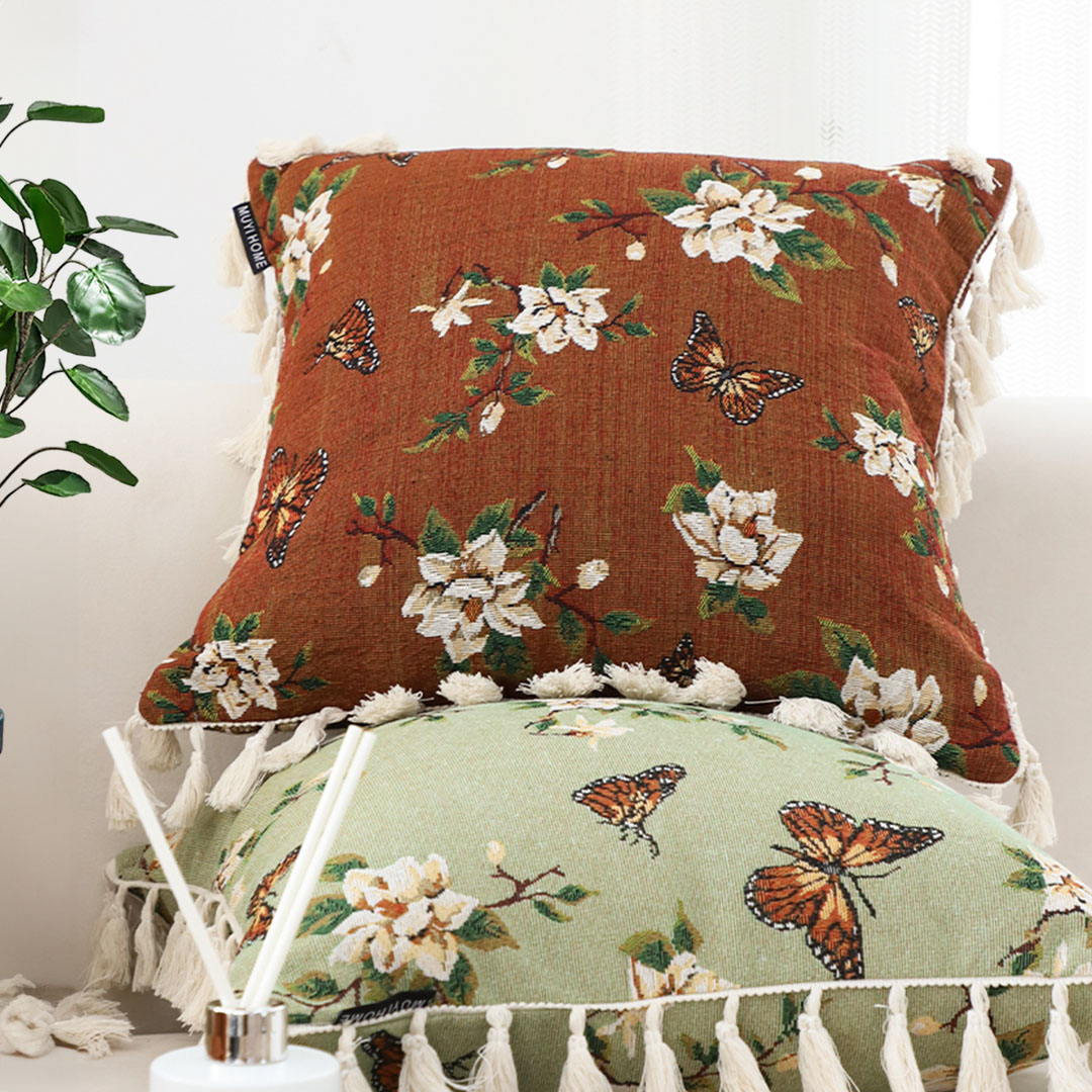 SOGA 45cm French Vintage Butterfly and Flower Tassel with Caramel Color Throw Pillow, Furniture, Living Room Furniture, Occasional Chairs, , ,  - AU DEPOT 6