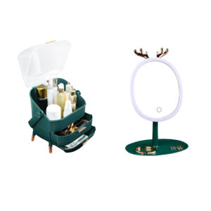 SOGA Green Cosmetic Jewelry Storage Organiser with Antler LED Light Mirror Tabletop Vanity Set, Home, Bathroom, Bathroom Accessories, Bathroom Storage, ,  - AU DEPOT 1