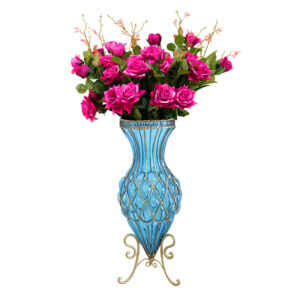 SOGA 67cm Blue Glass Tall Floor Vase and 12pcs Dark Pink Artificial Fake Flower Set, Home & Living, Home Decor, Vases, , ,  - AU DEPOT 1