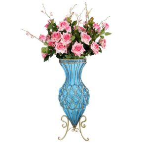 SOGA 67cm Blue Glass Tall Floor Vase and 12pcs Pink Artificial Fake Flower Set Vase0053BluewPinkF12 AU DEPOT - AU DEPOT