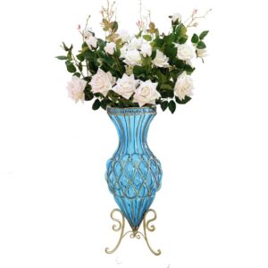 SOGA 67cm Blue Glass Tall Floor Vase and 12pcs White Artificial Fake Flower Set Vase0053BluewWhiteF12 AU DEPOT - AU DEPOT