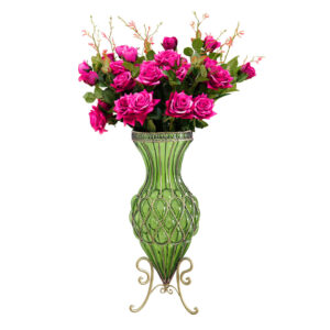 SOGA 67cm Green Glass Tall Floor Vase and 12pcs Dark Pink Artificial Fake Flower Set Vase0053GreenwRedF12 AU DEPOT - AU DEPOT