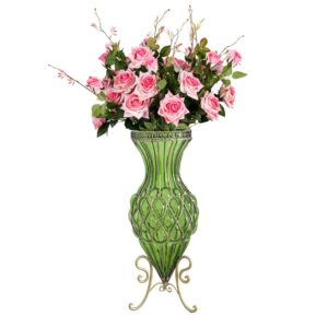 SOGA 67cm Green Glass Tall Floor Vase and 12pcs Pink Artificial Fake Flower Set Vase0053GreenwPinkF12 AU DEPOT - AU DEPOT