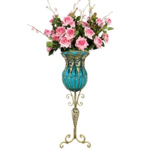 SOGA 85cm Blue Glass Tall Floor Vase and 12pcs Pink Artificial Fake Flower Set Vase3019BluewPinkF12 AU DEPOT - AU DEPOT