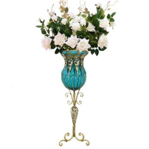 SOGA 85cm Blue Glass Tall Floor Vase and 12pcs White Artificial Fake Flower Set Vase3019BluewWhiteF12 AU DEPOT - AU DEPOT