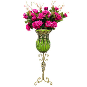 SOGA 85cm Green Glass Tall Floor Vase and 12pcs Dark Pink Artificial Fake Flower Set Vase3019GreenwRedF12 AU DEPOT - AU DEPOT