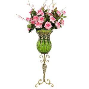 SOGA 85cm Green Glass Tall Floor Vase and 12pcs Pink Artificial Fake Flower Set Vase3019GreenwPinkF12 AU DEPOT - AU DEPOT