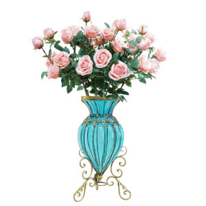 SOGA Blue Colored Glass Floor Flower Vase 8 Bunch 5 Heads Artificial Fake Silk Rose Home Decor Set, , , , , ,  - AU DEPOT 1