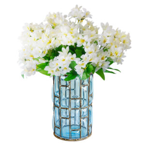 SOGA Blue Glass Cylinder Flower Vase with 10 Bunch 6 Heads Artificial Fake Silk Lilium nanum Home Decor Set YG3264 F005 AU DEPOT - AU DEPOT