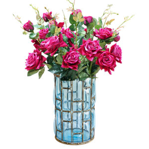 SOGA Blue Glass Cylinder Flower Vase with 8 Bunch 5 Heads Artificial Fake Silk Rose Home Decor Set YG3264 F008 AU DEPOT - AU DEPOT