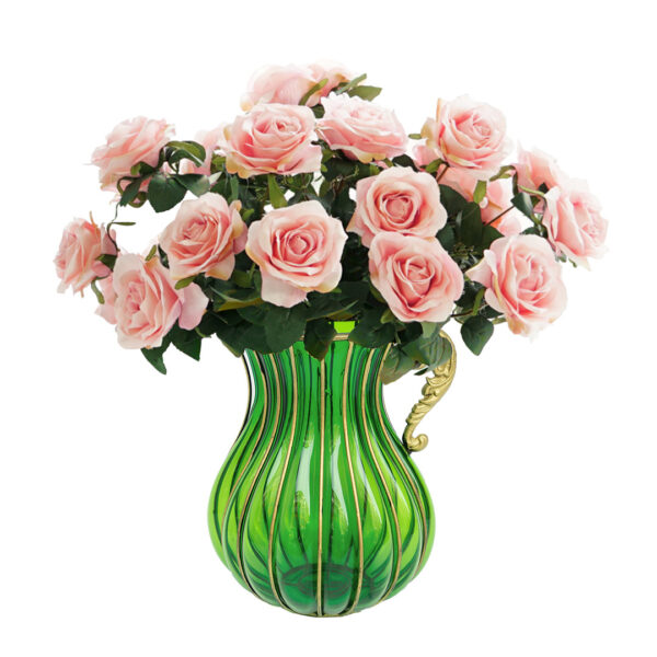 SOGA Green Colored Glass Flower Vase with 4 Bunch 9 Heads Artificial Fake Silk Rose Home Decor Set, Home & Living, Home Decor, Vases, , ,  - AU DEPOT 1