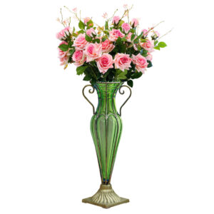 SOGA Green Colored Glass Flower Vase with 6 Bunch 5 Heads Artificial Fake Silk Rose Home Decor Set YG1885G F006 AU DEPOT - AU DEPOT