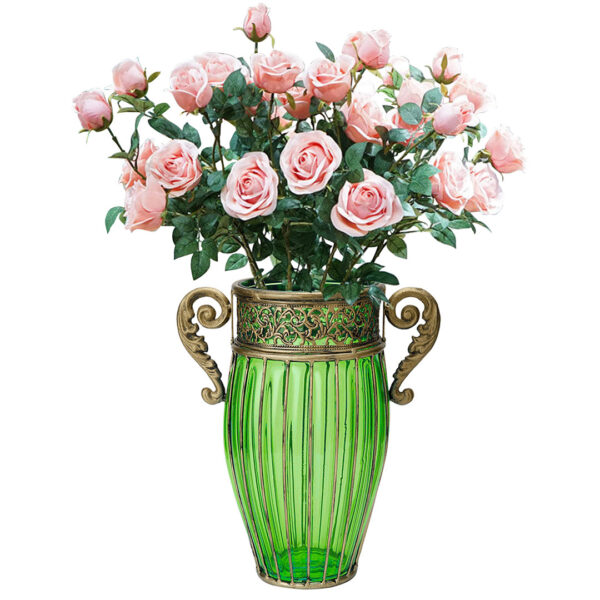 SOGA Green Glass Flower Vase with 8 Bunch 5 Heads Artificial Fake Silk Rose Home Decor Set, Home & Living, Home Decor, Vases, , ,  - AU DEPOT 1