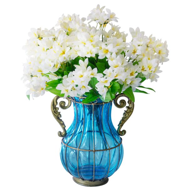 SOGA Blue Colored Glass Flower Vase with 10 Bunch 6 Heads Artificial Fake Silk Lilium nanum Home Decor Set, Home & Living, Home Decor, Vases, , ,  - AU DEPOT 1