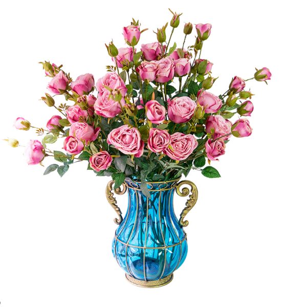SOGA Blue Colored Glass Flower Vase with 10 Bunch 6 Heads Artificial Fake Silk Rose Home Decor Set, Home & Living, Home Decor, Vases, , ,  - AU DEPOT 1