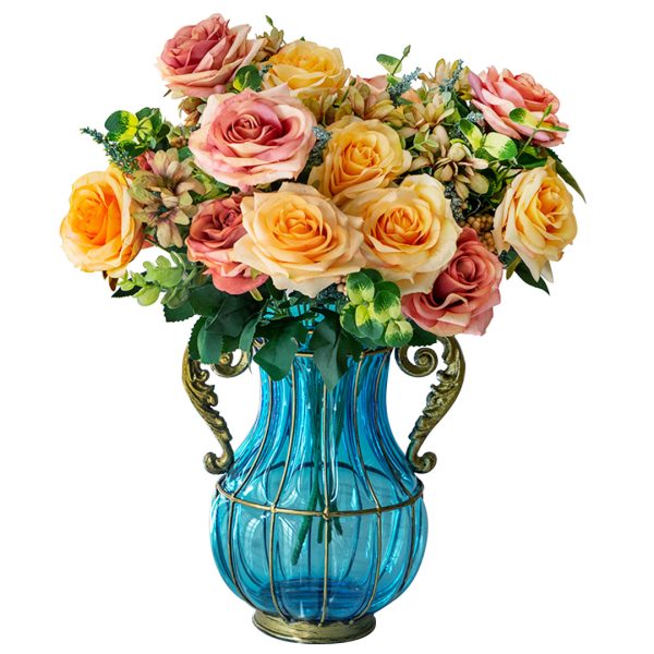 SOGA Blue Colored Glass Flower Vase with 4 Bunch 11 Heads Artificial Fake Silk Rose Home Decor Set, Home & Living, Home Decor, Vases, , ,  - AU DEPOT 1