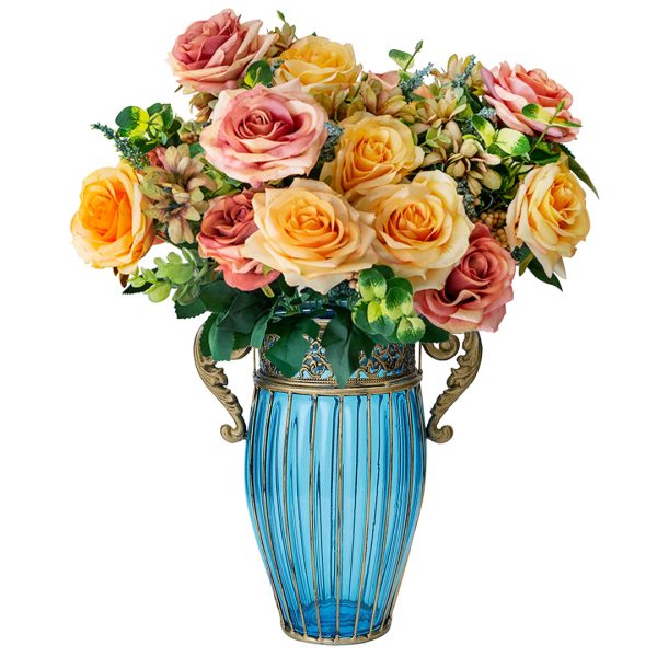 SOGA Blue Colored Glass Flower Vase with 4 Bunch 11 Heads Artificial Fake Silk Rose Home Decor Set, Home & Living, Home Decor, Vases, , ,  - AU DEPOT 1