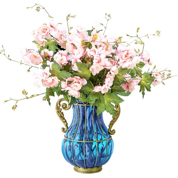 SOGA Blue Colored Glass Flower Vase with 8 Bunch 3 Heads Artificial Fake Silk Hibiscus Home Decor Set, Home & Living, Home Decor, Vases, , ,  - AU DEPOT 1