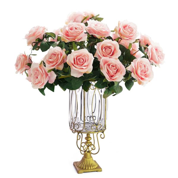 SOGA Clear Glass Cylinder Flower Vase with 4 Bunch 9 Heads Artificial Fake Silk Rose Home Decor Set, Home & Living, Home Decor, Vases, , ,  - AU DEPOT 1