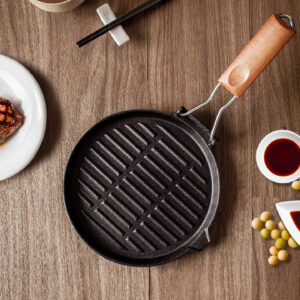 Buy SOGA 24cm Round Ribbed Cast Iron Steak Frying Grill Skillet Pan with Folding Wooden Handle Online - Home & Living - 2 - AU Depot Free Shipping