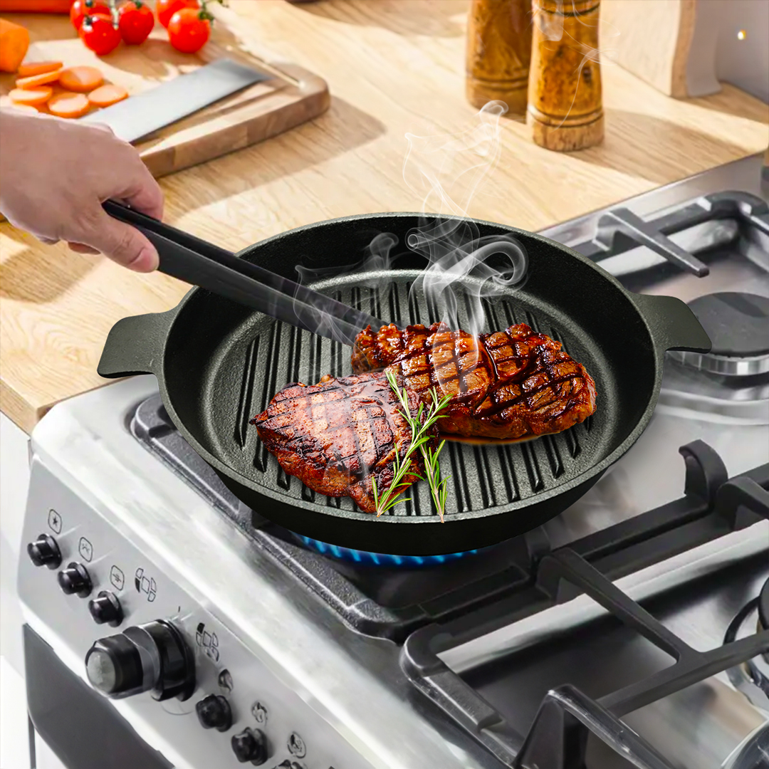 SOGA 25cm Round Ribbed Cast Iron Frying Pan Skillet Steak Sizzle Platter with Handle - ZPai001A - Home & Living - 4 - AU DEPOT SOGA Buy SOGA 25cm Round Ribbed Cast Iron Frying Pan Skillet Steak Sizzle Platter with Handle Online - Home & Living - 4 - AU Depot Free Shipping