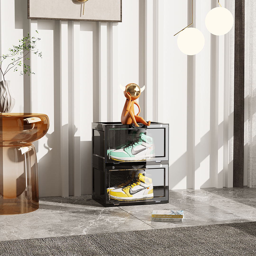 SOGA 2X 2 Tier Black Portable Shoe Organiser Sneaker Footwear Folding Plastic Bin Stackable Storage Box with Magnetic Door - ShoeA8002BLKX2 - Furniture - 2 - AU DEPOT SOGA Buy SOGA 2X 2 Tier Black Portable Shoe Organiser Sneaker Footwear Folding Plastic Bin Stackable Storage Box with Magnetic Door Online - Furniture - 2 - AU Depot Free Shipping