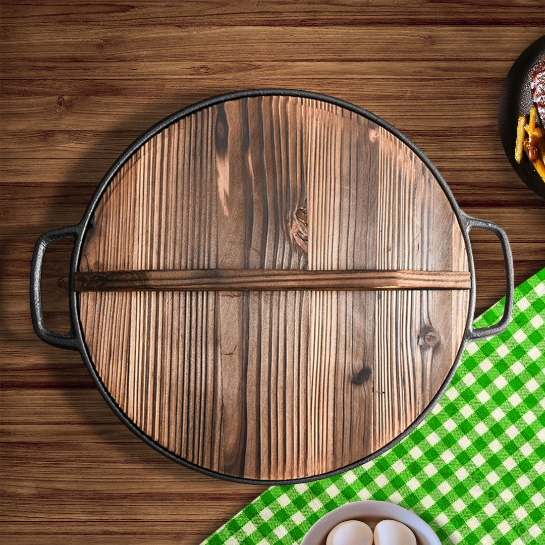 SOGA 2X 31cm Round Cast Iron Pre-seasoned Deep Baking Pizza Frying Pan Skillet with Wooden Lid - ZPaiC2X2 - Home & Living - 3 - AU DEPOT SOGA Buy SOGA 2X 31cm Round Cast Iron Pre-seasoned Deep Baking Pizza Frying Pan Skillet with Wooden Lid Online - Home & Living - 3 - AU Depot Free Shipping