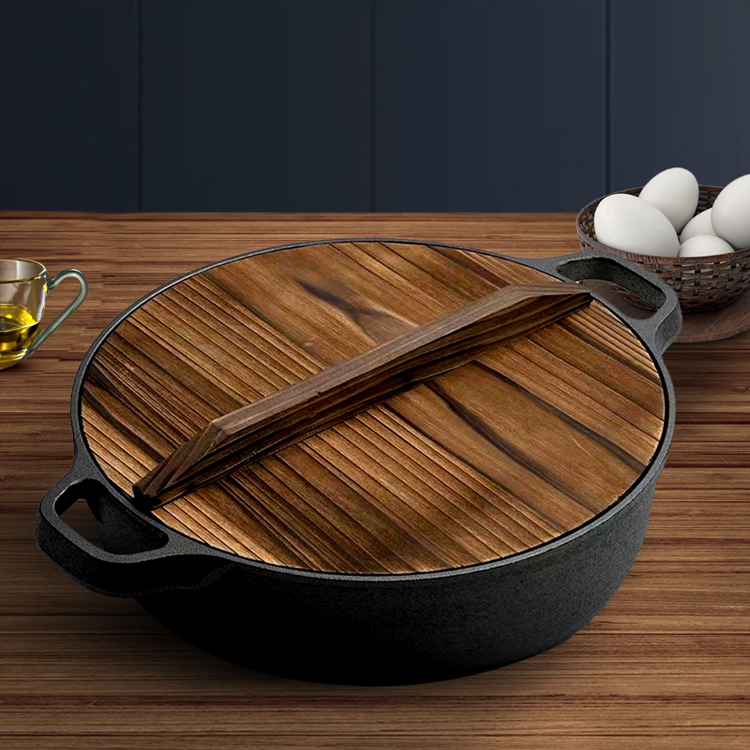 SOGA 2X 31cm Round Cast Iron Pre-seasoned Deep Baking Pizza Frying Pan Skillet with Wooden Lid - ZPaiC2X2 - Home & Living - 4 - AU DEPOT SOGA Buy SOGA 2X 31cm Round Cast Iron Pre-seasoned Deep Baking Pizza Frying Pan Skillet with Wooden Lid Online - Home & Living - 4 - AU Depot Free Shipping