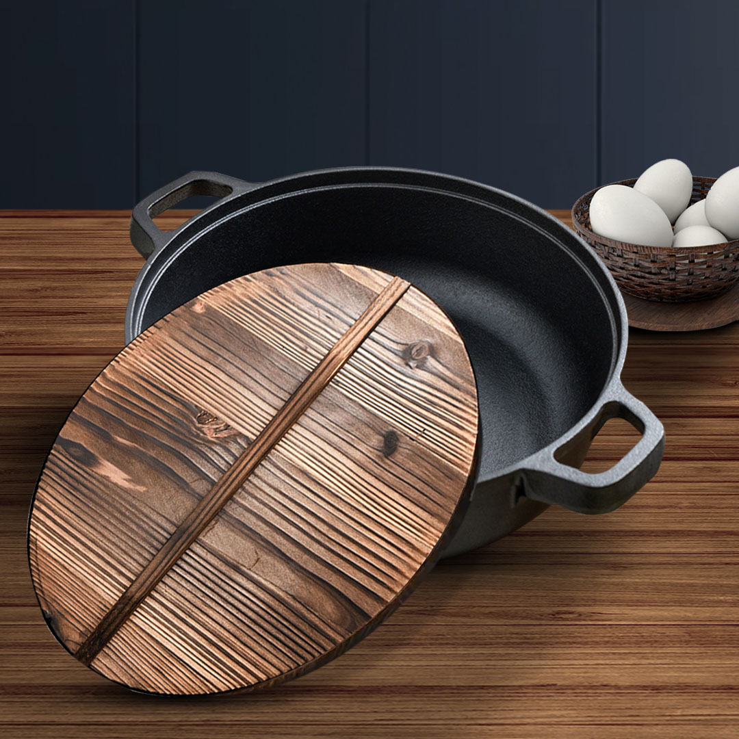 SOGA 2X 31cm Round Cast Iron Pre-seasoned Deep Baking Pizza Frying Pan Skillet with Wooden Lid - ZPaiC2X2 - Home & Living - 5 - AU DEPOT SOGA Buy SOGA 2X 31cm Round Cast Iron Pre-seasoned Deep Baking Pizza Frying Pan Skillet with Wooden Lid Online - Home & Living - 5 - AU Depot Free Shipping