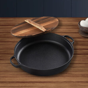 Buy SOGA 2X 33cm Round Cast Iron Pre-seasoned Deep Baking Pizza Frying Pan Skillet with Wooden Lid Online - Home & Living - 2 - AU Depot Free Shipping