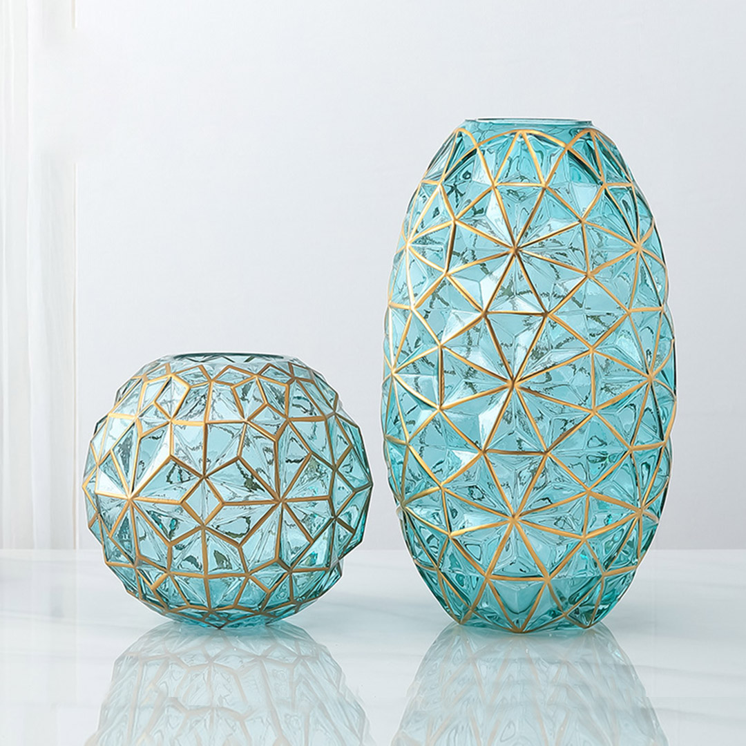 Buy SOGA 2X Green Colored Diamond Cut Glass Flower Vase Round Jar Home Decor with Gold Accent Large and Medium Set Online - Home & Living - 3 - AU Depot Free Shipping