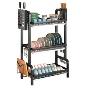 Buy SOGA 3 Tier 62cm Steel Black Kitchen Countertop Drying Rack Dish Plate Cutlery Cutting Board Holder Dish Drainer Kitchen Organiser Online - Garden, Tools & Hardware - 1 - AU Depot Free Shipping