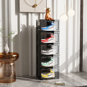 Buy SOGA 5 Tier Black Portable Shoe Organiser Sneaker Footwear Folding Plastic Bin Stackable Storage Box with Magnetic Door Online - Furniture - 2 - AU Depot Free Shipping