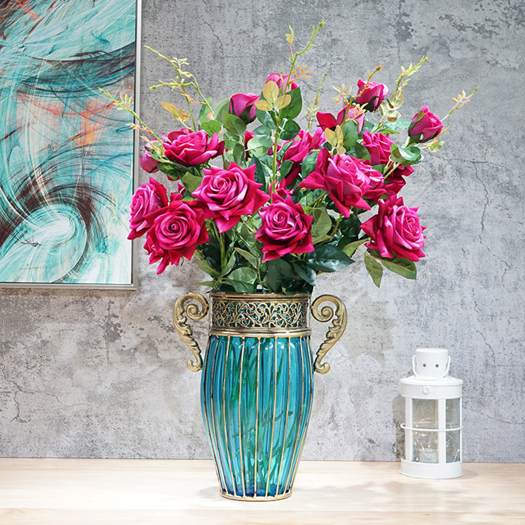 Buy SOGA Blue Colored Glass Flower Vase with 8 Bunch 5 Heads Artificial Fake Silk Rose Home Decor Set Online - Home & Living - 6 - AU Depot Free Shipping