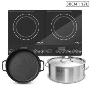 SOGA Dual Burners Cooktop Stove 30cm Cast Iron Skillet and 17L Stainless Steel Stockpot ECooktDBL Sizzle30 StockPot17L AU Depot Free Shipping SOGA Dual Burners Cooktop Stove - AU DEPOT