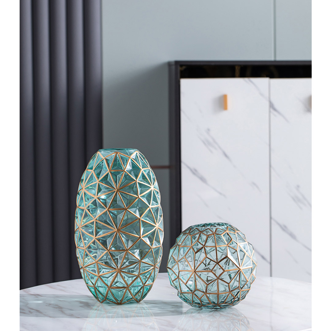 Buy SOGA Green Colored Diamond Cut Glass Flower Vase Round Jar Home Decor with Gold Accent Large and Medium Set Online - Home & Living - 6 - AU Depot Free Shipping