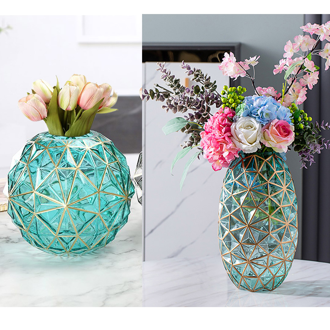 Buy SOGA Green Colored Diamond Cut Glass Flower Vase Round Jar Home Decor with Gold Accent Large and Medium Set Online - Home & Living - 7 - AU Depot Free Shipping